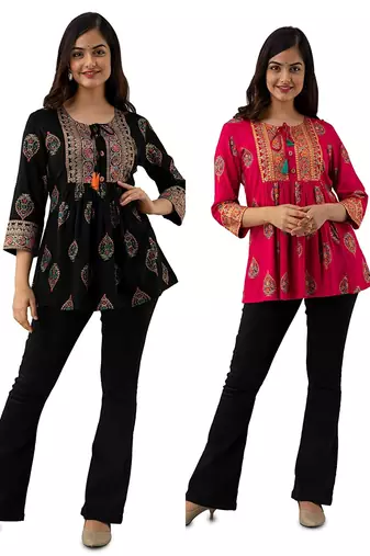 Pack of 2 indian handmade block printed rayon fabric designer tops & tunics for bottomwear & jeans