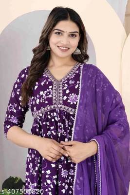 Party wear designer rayon printed purple kurti set for womens & girls 3