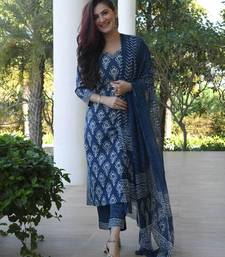 Women's rayon printed designer ethnic blue kurti with pant & dupatta set