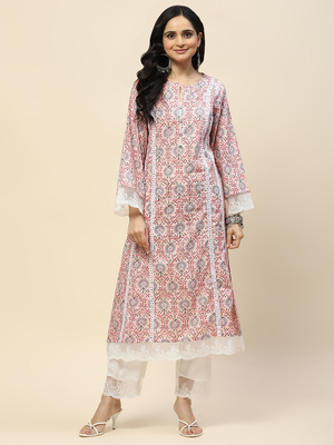 Women's rayon printed lace work designer ethnic pink kurti with pant & dupatta set   3 pcs set 1