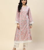 Women's rayon printed lace work designer ethnic pink kurti with pant & dupatta set   3 pcs set
