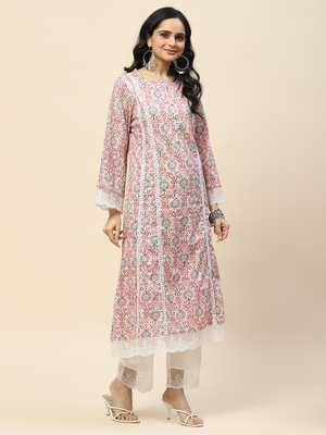 Women's rayon printed lace work designer ethnic pink kurti with pant & dupatta set   3 pcs set 2