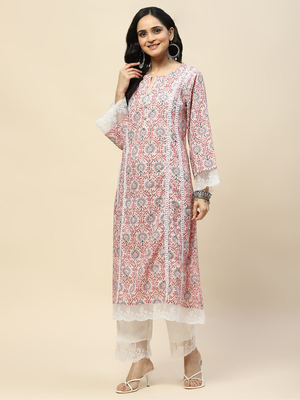 Women's rayon printed lace work designer ethnic pink kurti with pant & dupatta set   3 pcs set 3