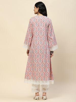 Women's rayon printed lace work designer ethnic pink kurti with pant & dupatta set   3 pcs set 4