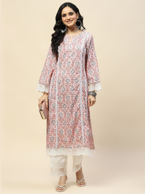 Women's rayon printed lace work designer ethnic pink kurti with pant & dupatta set   3 pcs set 5