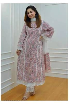 Rayon printed designer ethnic wear lace work kurti with pant & dupatta set for womens & girls 1