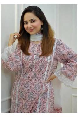 Rayon printed designer ethnic wear lace work kurti with pant & dupatta set for womens & girls 3