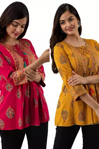 Pack of 2 handmade block printed rayon fabric designer tops & tunics