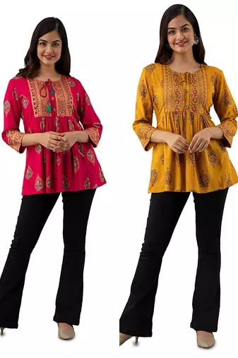 Pack of 2 handmade block printed rayon fabric designer tops & tunics