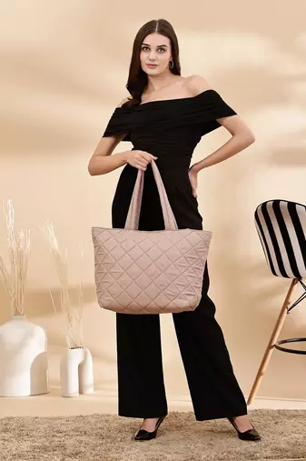 uno tan polyester diamond quilted handheld bag