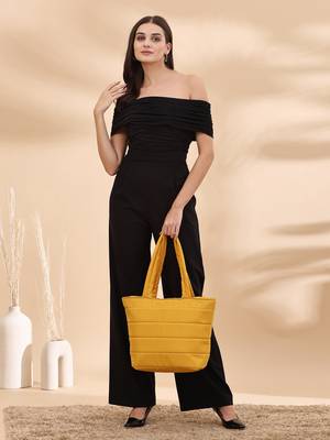 uno saffron yellow polyester striped quilted handheld bag 3