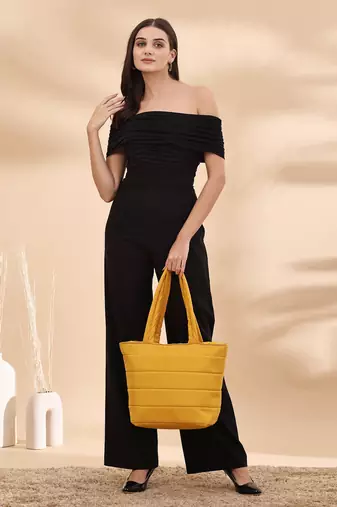 uno saffron yellow polyester striped quilted handheld bag