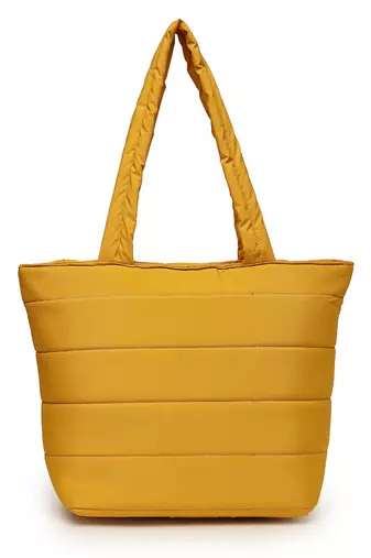 uno saffron yellow polyester striped quilted handheld bag