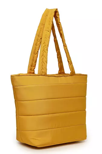 uno saffron yellow polyester striped quilted handheld bag