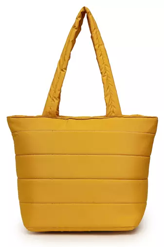 uno saffron yellow polyester striped quilted handheld bag