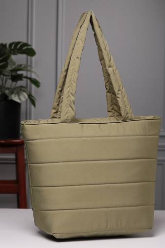 uno olive green polyester striped quilted handheld bag