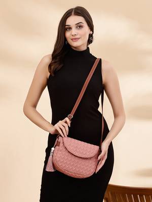 uno coral & tan polyester & vegan leather chevron quilted sling bag 3