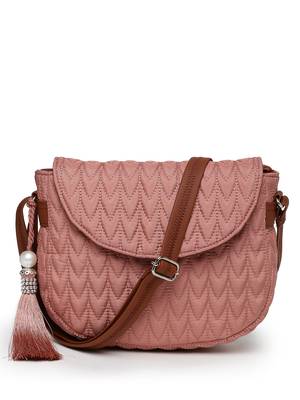 uno coral & tan polyester & vegan leather chevron quilted sling bag 4