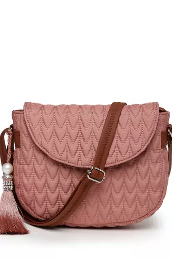 uno coral & tan polyester & vegan leather chevron quilted sling bag