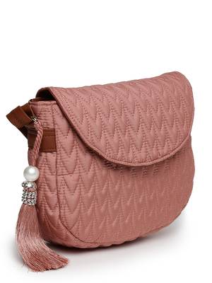 uno coral & tan polyester & vegan leather chevron quilted sling bag 5