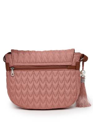 uno coral & tan polyester & vegan leather chevron quilted sling bag 6