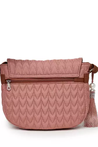 uno coral & tan polyester & vegan leather chevron quilted sling bag
