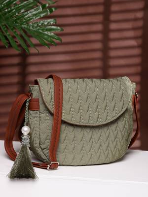uno olive green & tan polyester & vegan leather chevron quilted sling bag 1