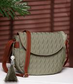 uno olive green & tan polyester & vegan leather chevron quilted sling bag