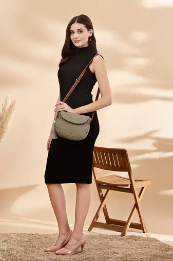 uno olive green & tan polyester & vegan leather chevron quilted sling bag