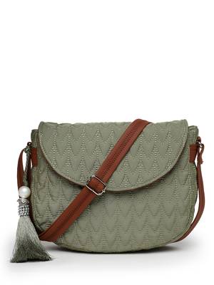 uno olive green & tan polyester & vegan leather chevron quilted sling bag 4