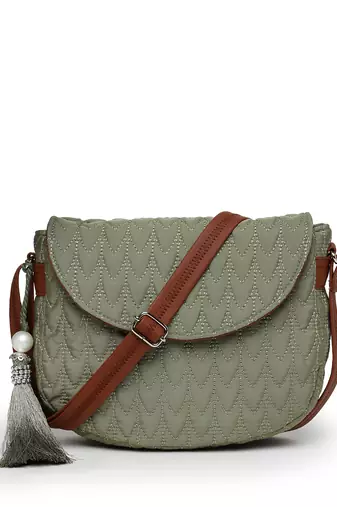 uno olive green & tan polyester & vegan leather chevron quilted sling bag