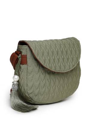 uno olive green & tan polyester & vegan leather chevron quilted sling bag 5