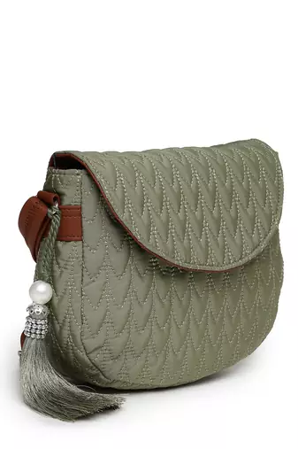 uno olive green & tan polyester & vegan leather chevron quilted sling bag