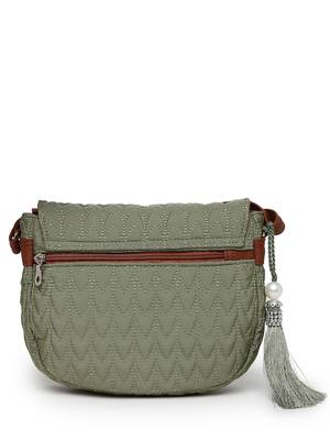 uno olive green & tan polyester & vegan leather chevron quilted sling bag 6