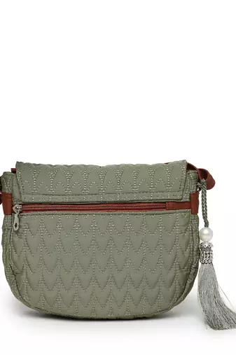 uno olive green & tan polyester & vegan leather chevron quilted sling bag