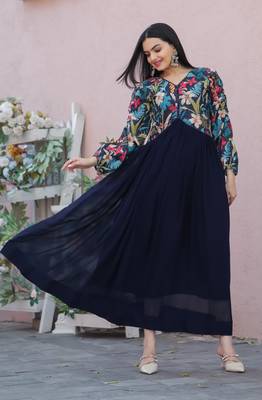 Blue georgette printed embroidery dresses 1