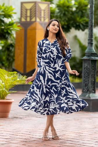 Blue rayon printed designer dresses
