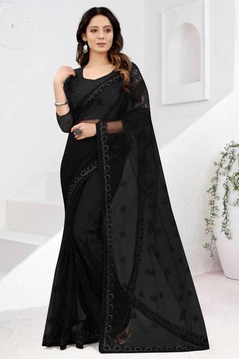 Black Zari Resham Stone Embroidered Net Saree With Matching Blouse Piece