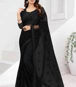 Black Zari Resham Stone Embroidered Net Saree With Matching Blouse Piece