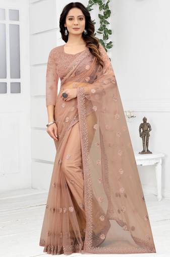 Beige Zari Resham Stone Embroidered Net Saree With Matching Blouse Piece