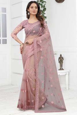 Lavender Zari Resham Stone Embroidered Net Saree With Matching Blouse Piece 1