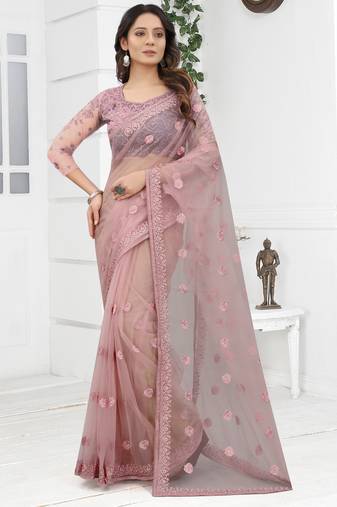 Lavender Zari Resham Stone Embroidered Net Saree With Matching Blouse Piece