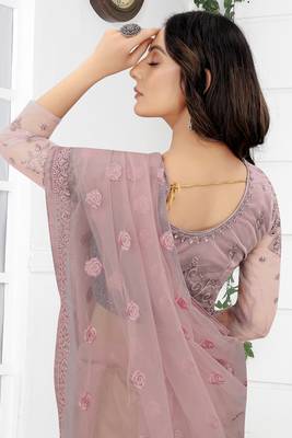 Lavender Zari Resham Stone Embroidered Net Saree With Matching Blouse Piece 2