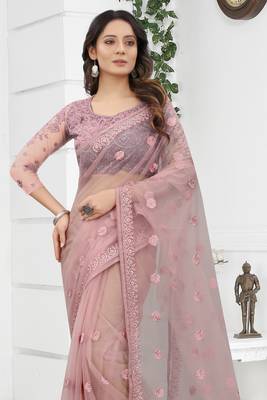 Lavender Zari Resham Stone Embroidered Net Saree With Matching Blouse Piece 3