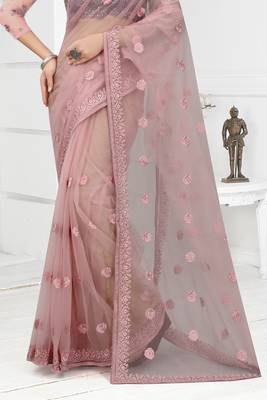 Lavender Zari Resham Stone Embroidered Net Saree With Matching Blouse Piece 4
