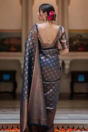 Blue Banarasi Silk blend saree with blouse piece