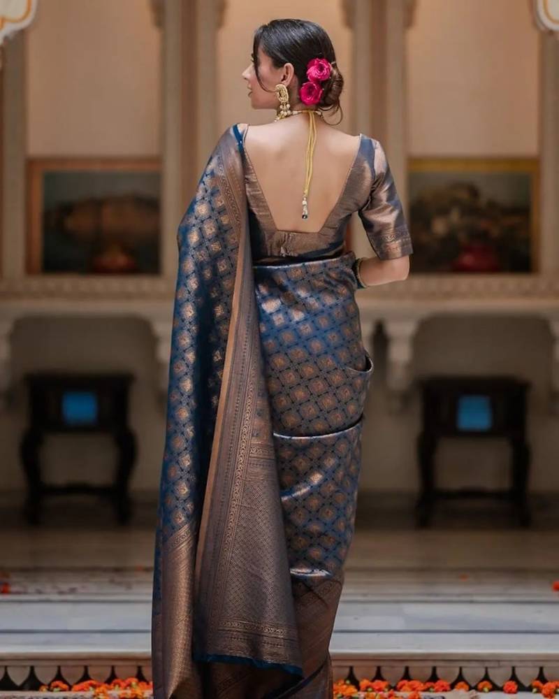 Blue Banarasi Silk blend saree with blouse piece