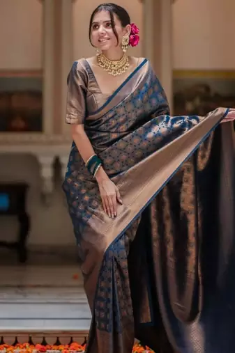 Blue Banarasi Silk blend saree with blouse piece