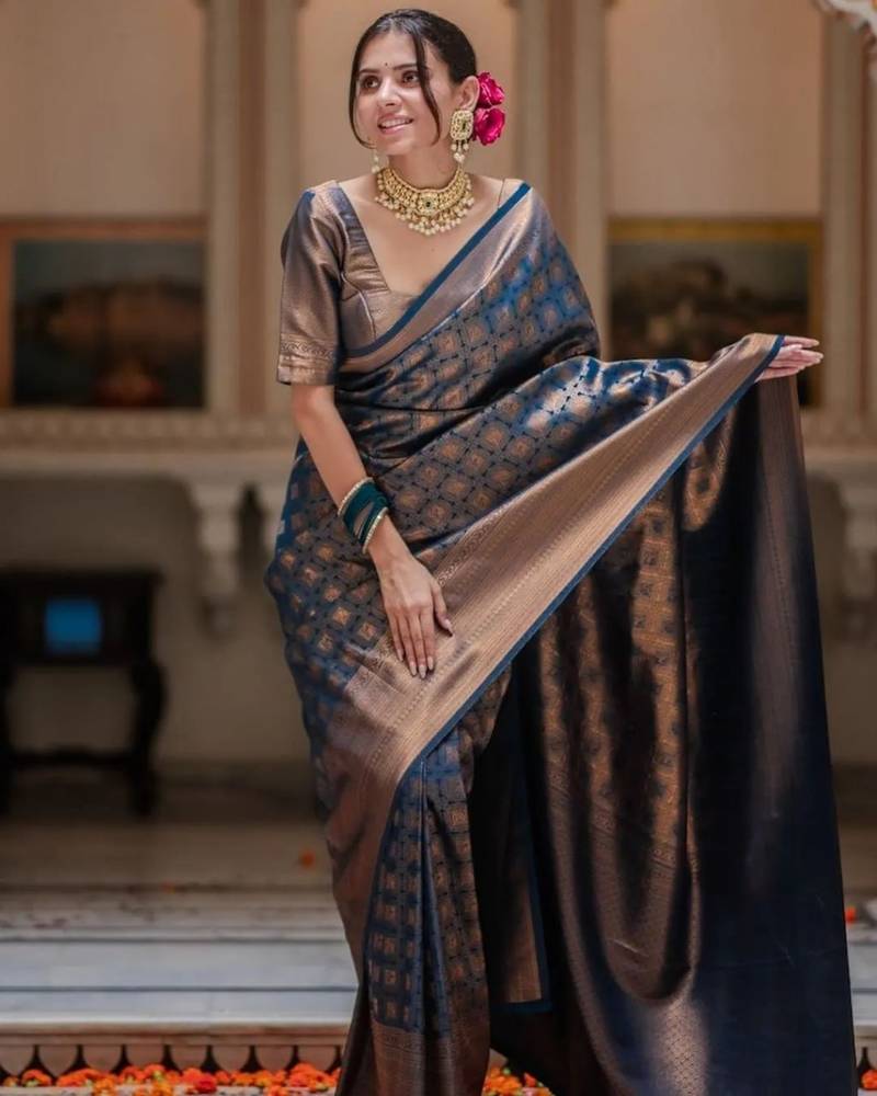 Blue Banarasi Silk blend saree with blouse piece
