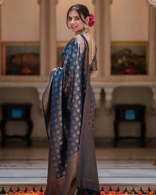 Blue Banarasi Silk blend saree with blouse piece 6
